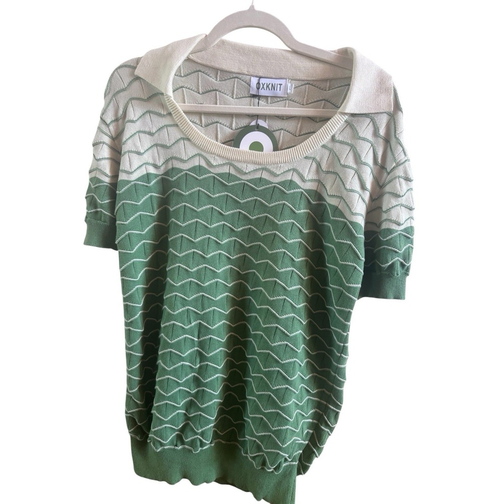 NWT OxKnit Large Retro Inspired Woman's Green Knit Jacquard Polo Shirt Zig Zag